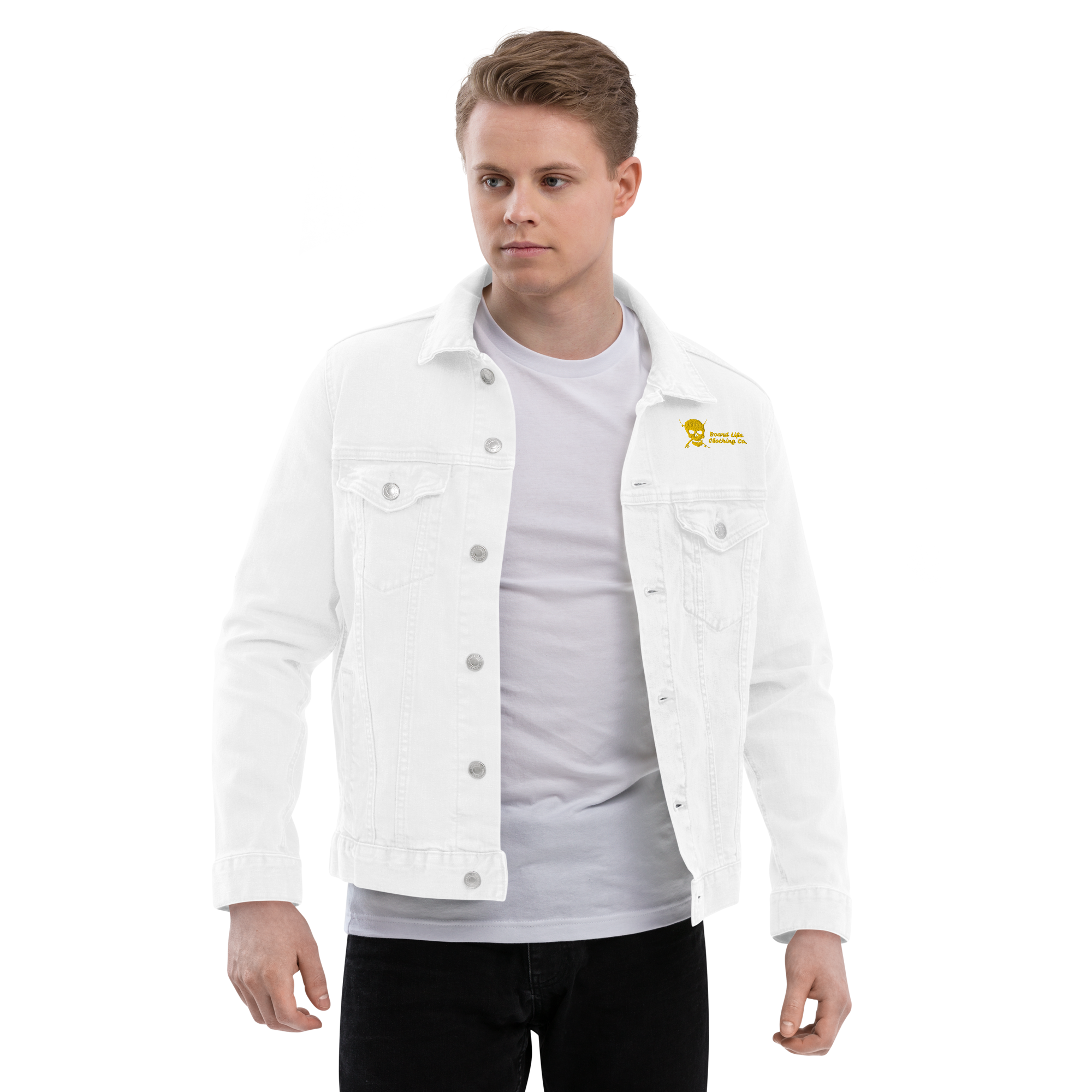 White denim jacket gold buttons hot sale